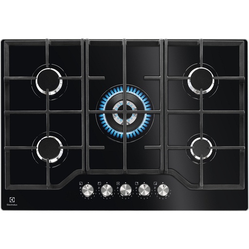 [KGG75362K] Plaque gaz Electrolux KGG75362K, 75 cm, 5 foyers, dessus verre noir, manettes StepPower, allumage électronique