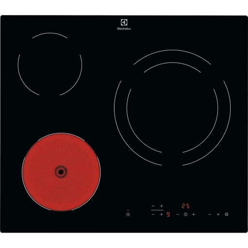 [LR633CK] Plaque vitrocéramique Electrolux LR633CK, 3 foyers radiants, noire, dimensions 590x520 mm