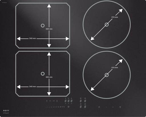 [1763-g1] Novy Power Induction Matte Line verre noir mat 650 x 520mm - 4 foyers - 2 x 240 x 200mm + 1 x Ø210mm + 1 x Ø210mm - 7400W + Fonction InTouch