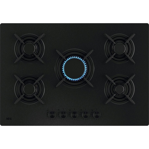 [HKB75423NL] Plaque gaz AEG HKB75423NL noire, 75 cm, 5 foyers gaz, commandes rotatives, allumage électronique