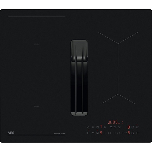 [NCT64B00CT] Plaque induction aspirante AEG NCT64B00CT, 4 foyers, hotte intégrée, fonction Bridge, revêtement SaphirMatt® SE noir mat