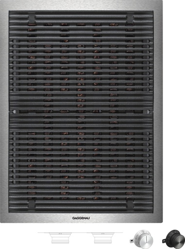 [VR414115] Vario gril Gaggenau VR414115, cadre en inox massif, grilles en fonte, pierre de lave, 2 zones réglables